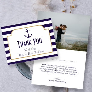 Nautical Navy & White Stripe Anchor Wedding Thank You Card