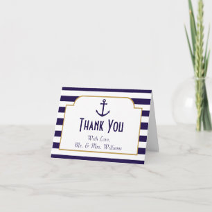 Nautical Navy & White Stripe Anchor Wedding Thank You Card