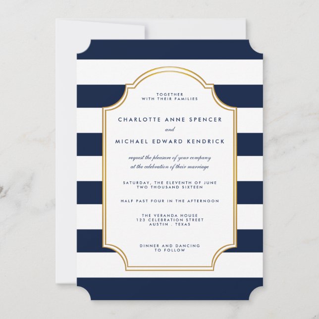 Nautical Navy | White Stripe Modern Wedding Invitation (Front)