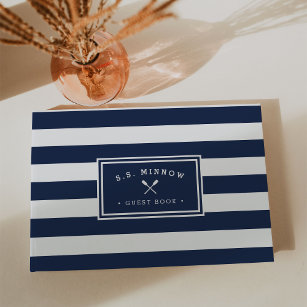 Nautical Navy & White Stripe   Personalised Boat Guest Book
