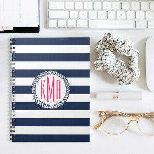 Nautical Navy & White Stripe w/ Pink Monogram Notebook