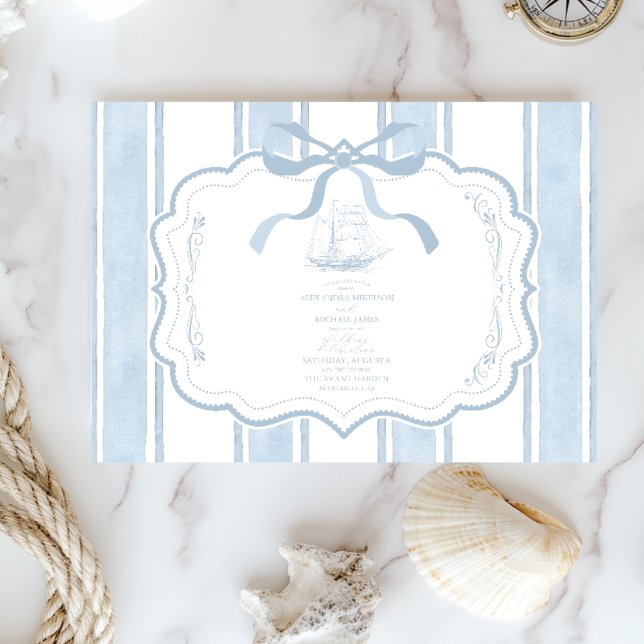 Nautical Navy White Stripes Boat Wedding Invitation (Creator Uploaded)