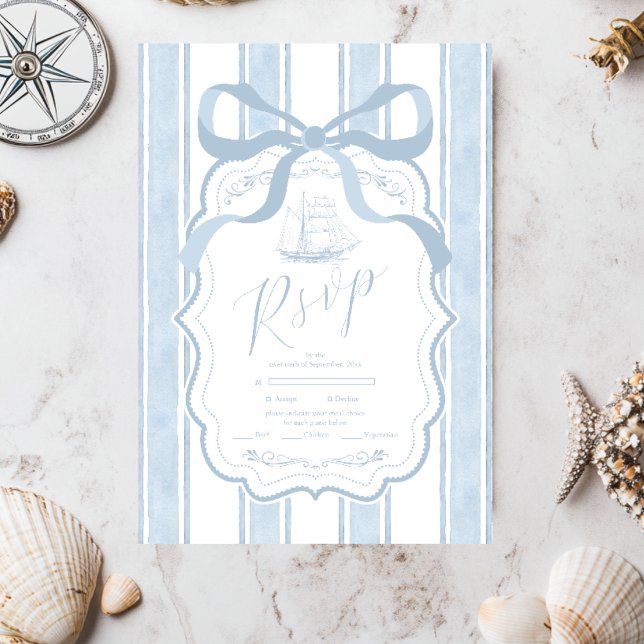 Nautical Navy White Stripes Boat Wedding RSVP Card (Creator Uploaded)