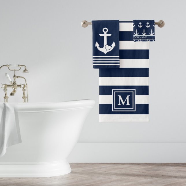 Nautical Navy White Stripes Heart Anchor Monogram Bath Towel Set (Creator Uploaded)