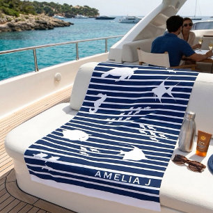 Nautical Navy White Stripes Sea Life Monogram Beach Towel