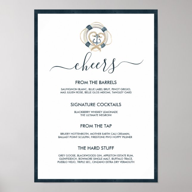 Nautical Navy & White Wedding Bar Menu Poster (Front)