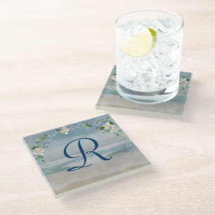 Nautical Net and Flowers and Monogram Glass Coaster