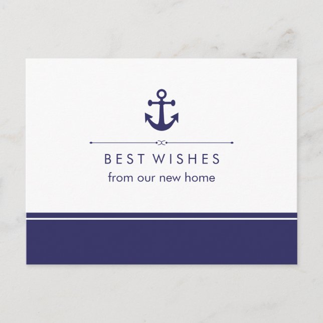 Nautical New Address Navy and White with Anchor Announcement Postcard (Front)