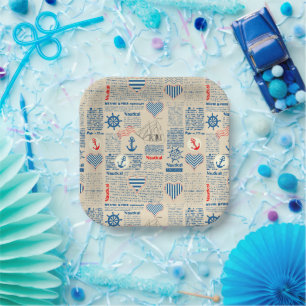 Nautical Newspaper Pattern Paper Plate