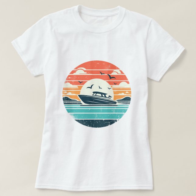 Nautical Nostalgia Vintage Sunset Motorboat T-Shirt (Design Front)