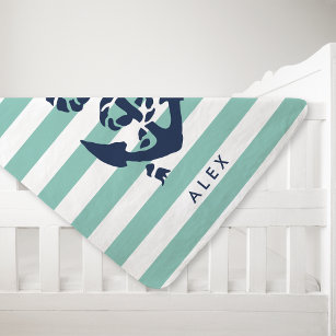 Nautical Nursery Mint Stripe Anchor Personalised Baby Blanket