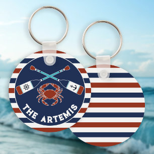 Nautical Oars Crab Striped Border Boat Name Key Ring