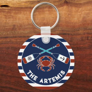Nautical Oars Crab Striped Border Boat Name Key Ring