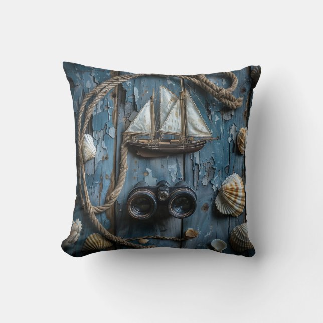 Nautical objects on a wooden background cushion (Front)