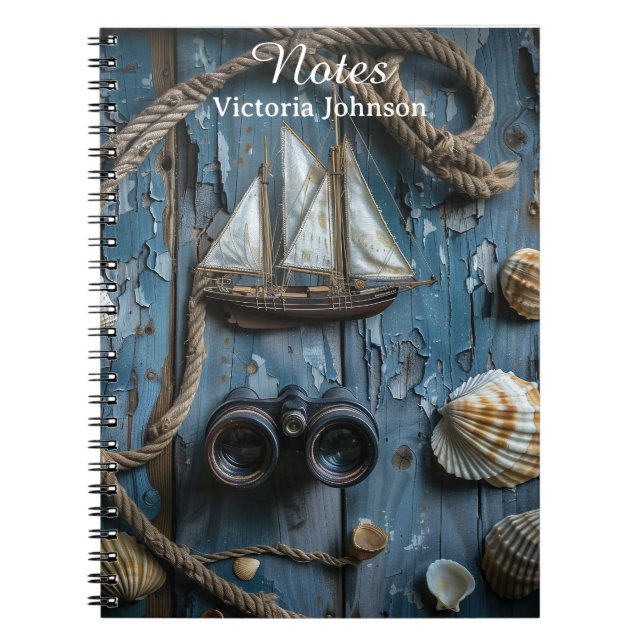 Nautical objects on a wooden background notebook (Front)
