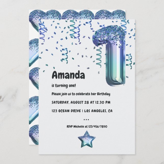 Nautical Ocean Balloon 1st Birthday Invitation (Front/Back)