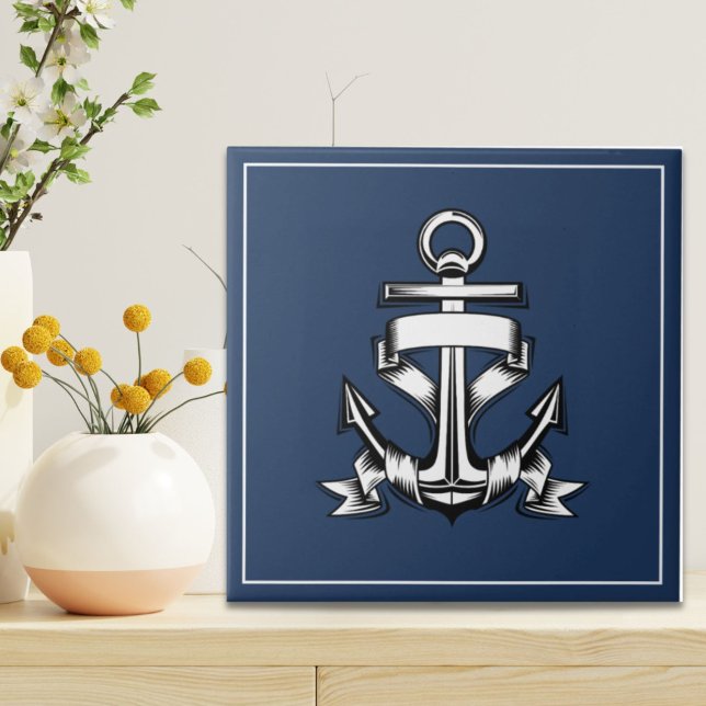Nautical Ocean Beach House Navy Blue Ship Anchor  Ceramic Tile (Nautical Ocean Beach House Navy Blue Ship Anchor Ceramic Tile)