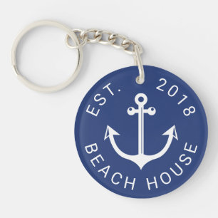 Nautical Ocean Beach House Your Text Key Ring