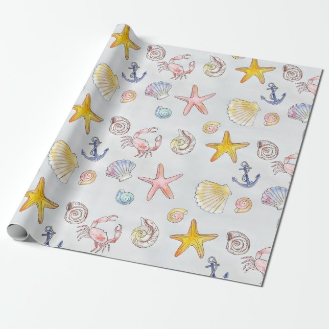 Nautical Ocean Beach Pastel Starfish Seashell Wrapping Paper (Unrolled)
