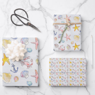 Nautical Ocean Beach Pastel Starfish Seashell Wrapping Paper Sheet