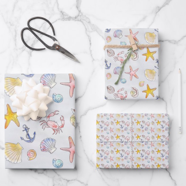 Nautical Ocean Beach Pastel Starfish Seashell Wrapping Paper Sheet (Front)