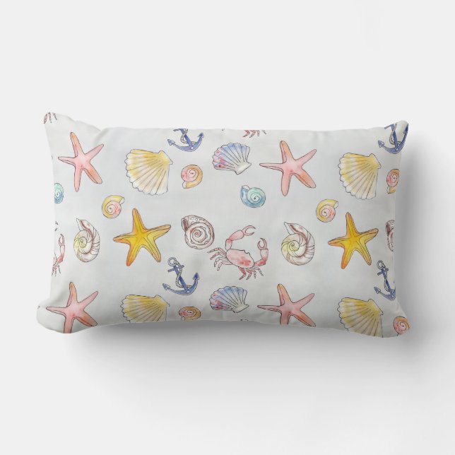Nautical Ocean Beach Starfish Seashell Pastel Lumbar Cushion (Front)