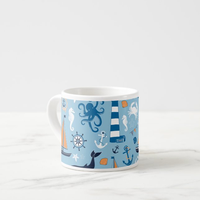 Nautical Ocean Blue and Orange Espresso Cup (Front Left)