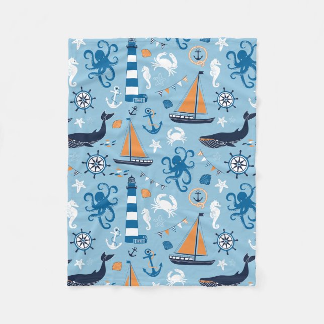 Nautical Ocean Blue and Orange Fleece Blanket (Front)