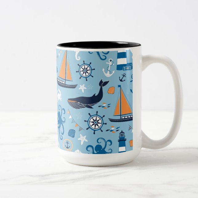 Nautical Ocean Blue and Orange Two-Tone Coffee Mug (Right)