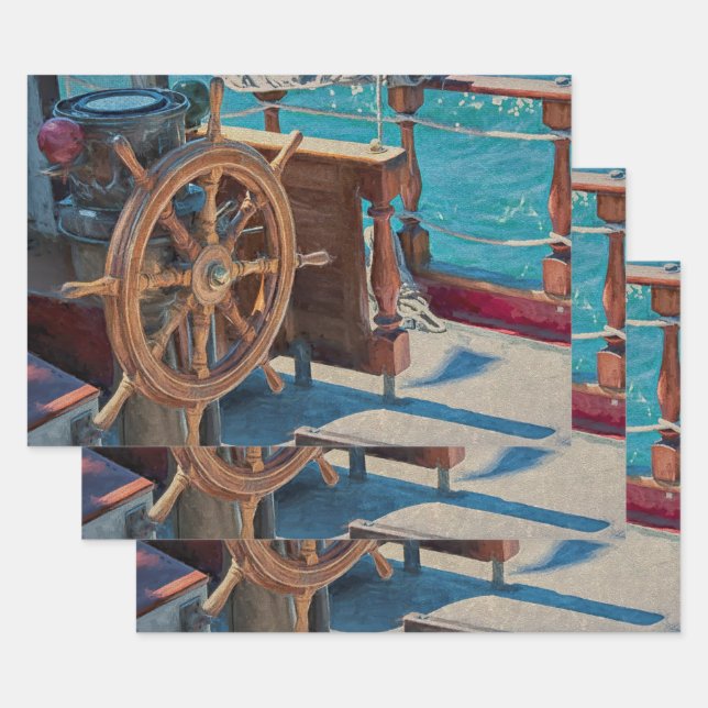 Nautical Ocean Blue Brown Coastal Ship Wrapping Paper Sheet (Set)