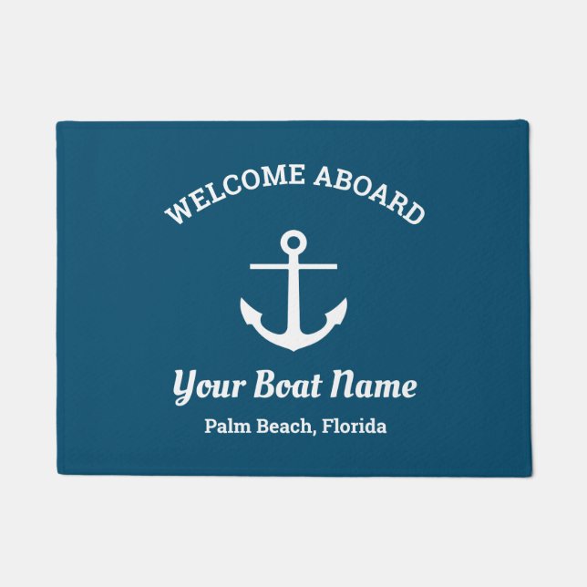 Nautical Ocean Blue Custom Boat Name Anchor Doormat (Front)