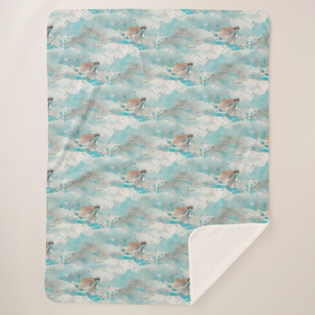 Nautical Ocean Blue Watercolor Sea Turtle Pattern Sherpa Blanket (Front)