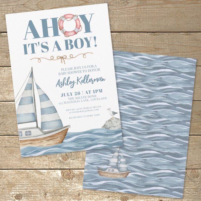 Nautical Ocean Boy Baby Shower Invitation (Sailboat AHOY It's A Boy Baby Shower Invitation )
