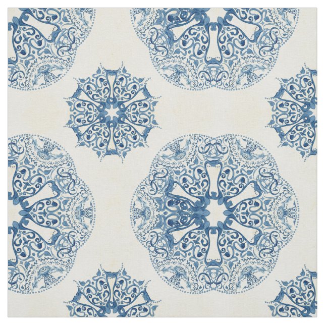Nautical Ocean Caribbean Island Vintage Tile Blue Fabric (Swatch)