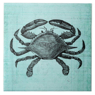 Nautical Ocean Crab Antique Art Teal Paper Design Ceramic Tile