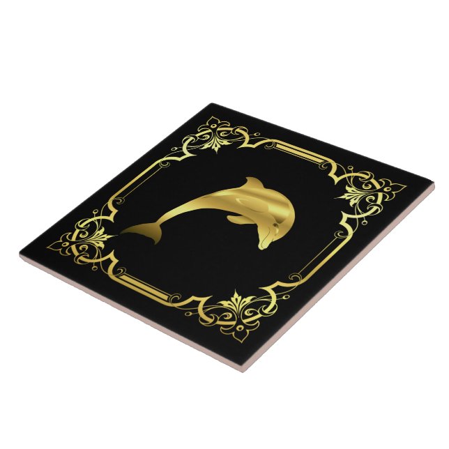 Nautical ocean dolphin silhouette/gold/black ceramic tile (Side)