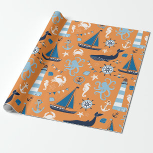 Nautical Ocean Orange Wrapping Paper