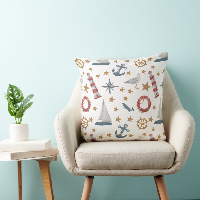  Nautical Ocean Sailboat Whale Lighthouse Pattern Cushion (Chair)