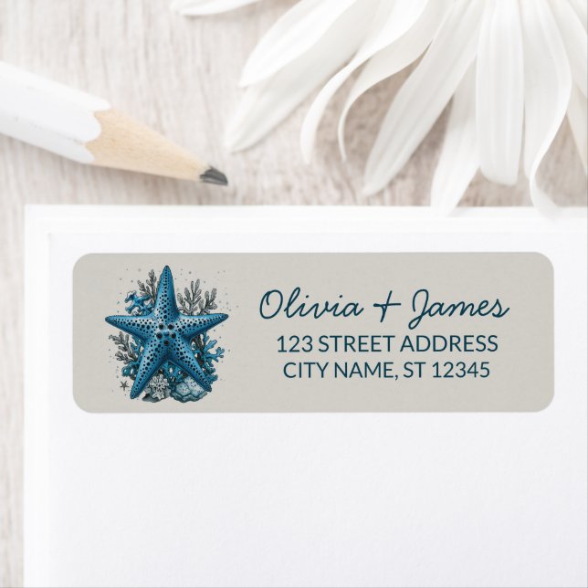 Nautical Ocean Starfish Navy Blue Return Address   Label (Insitu)