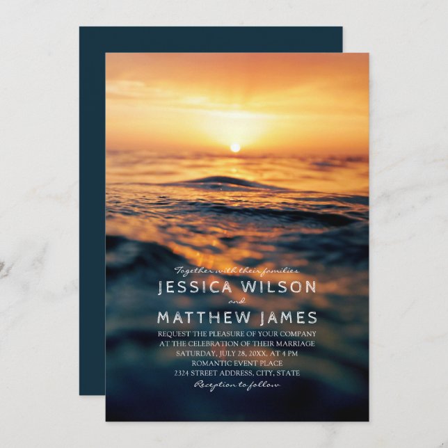 Nautical Ocean Sunset Beach Themed Wedding Invitation (Front/Back)