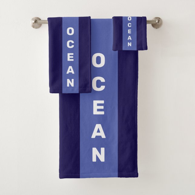 Nautical ocean text on blue shades striped bath towel set (Insitu)