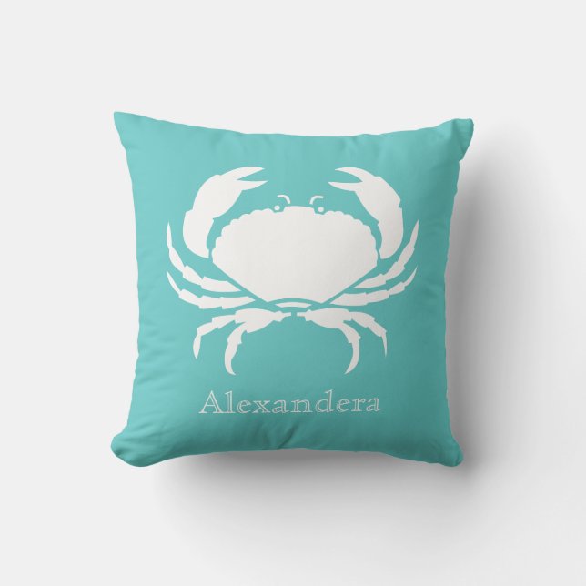 Nautical ocean-themed decor CRAB WHITE teal Cushion (Front)