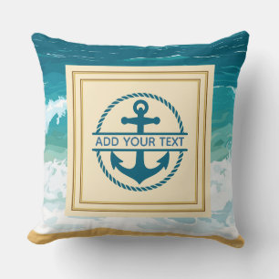 Nautical Ocean Wave Custom Text Anchor Cushion
