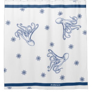  Nautical Octopus Bathroom Ocean Navy Blue  Shower Curtain