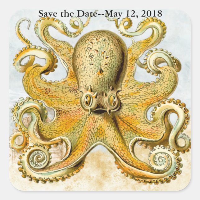 Nautical Octopus Kraken Squid Save the Date Square Sticker (Front)