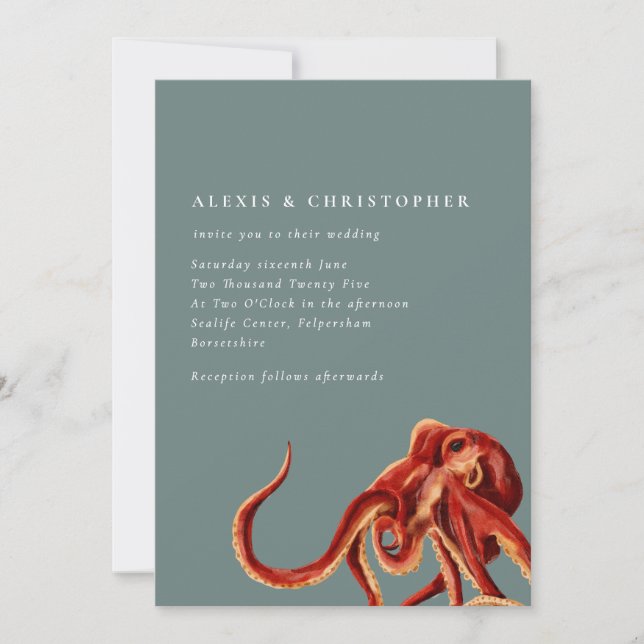 Nautical Octopus Rust & Teal Wedding Invitation (Front)