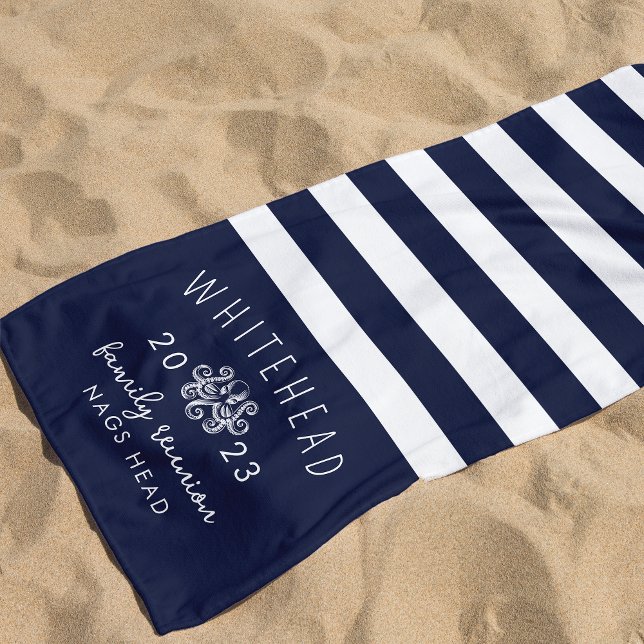 Nautical Octopus Stripe Navy Monogram Beach Towel (Creator Uploaded)