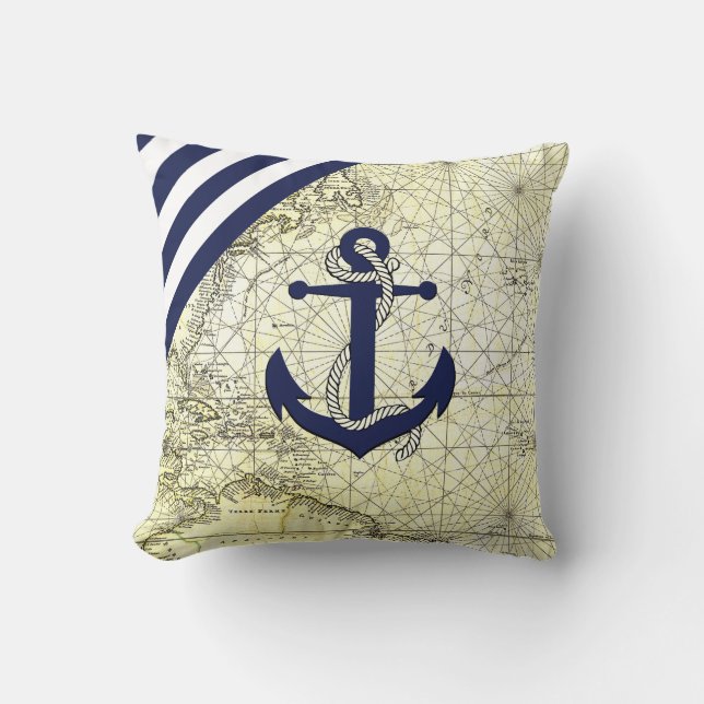 Nautical old map/anchor/ships wheel silhouette cushion (Front)