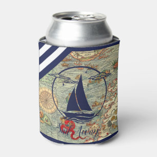 Nautical old map/boat/silhouette/sail away/navy can cooler