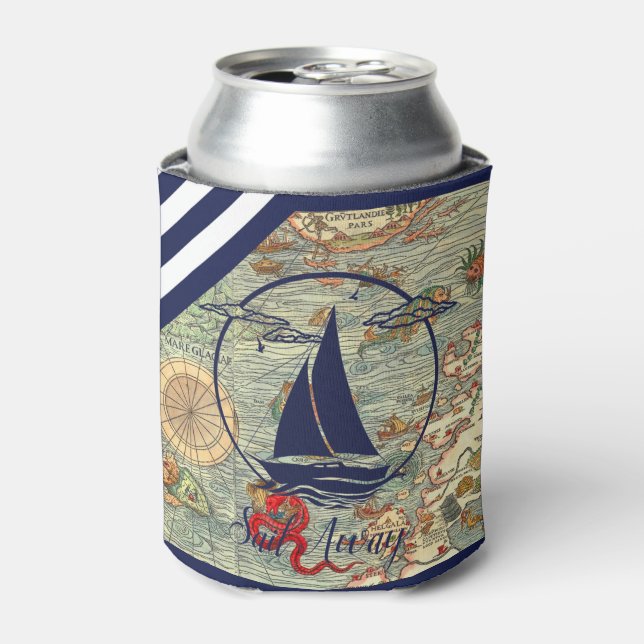Nautical old map/boat/silhouette/sail away/navy can cooler (Can Front)